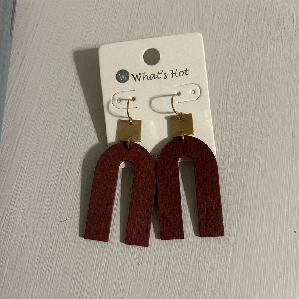 Maroon Arch Drop Earrings with Gold Accents